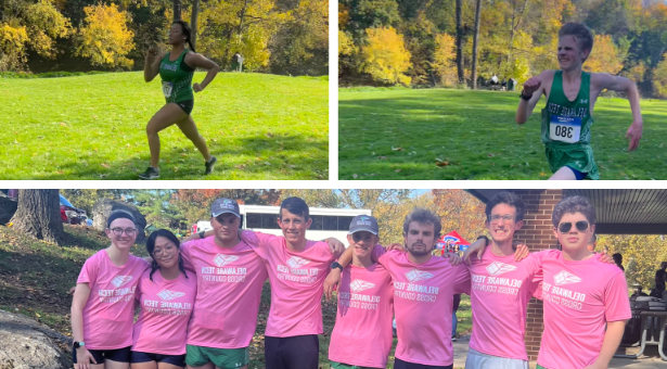 A collage of three images: the top two images are of two different cross country runners, and the bottom image is a group of Delaware Tech cross country athletes wearing pink Delaware Tech Athletics shirts